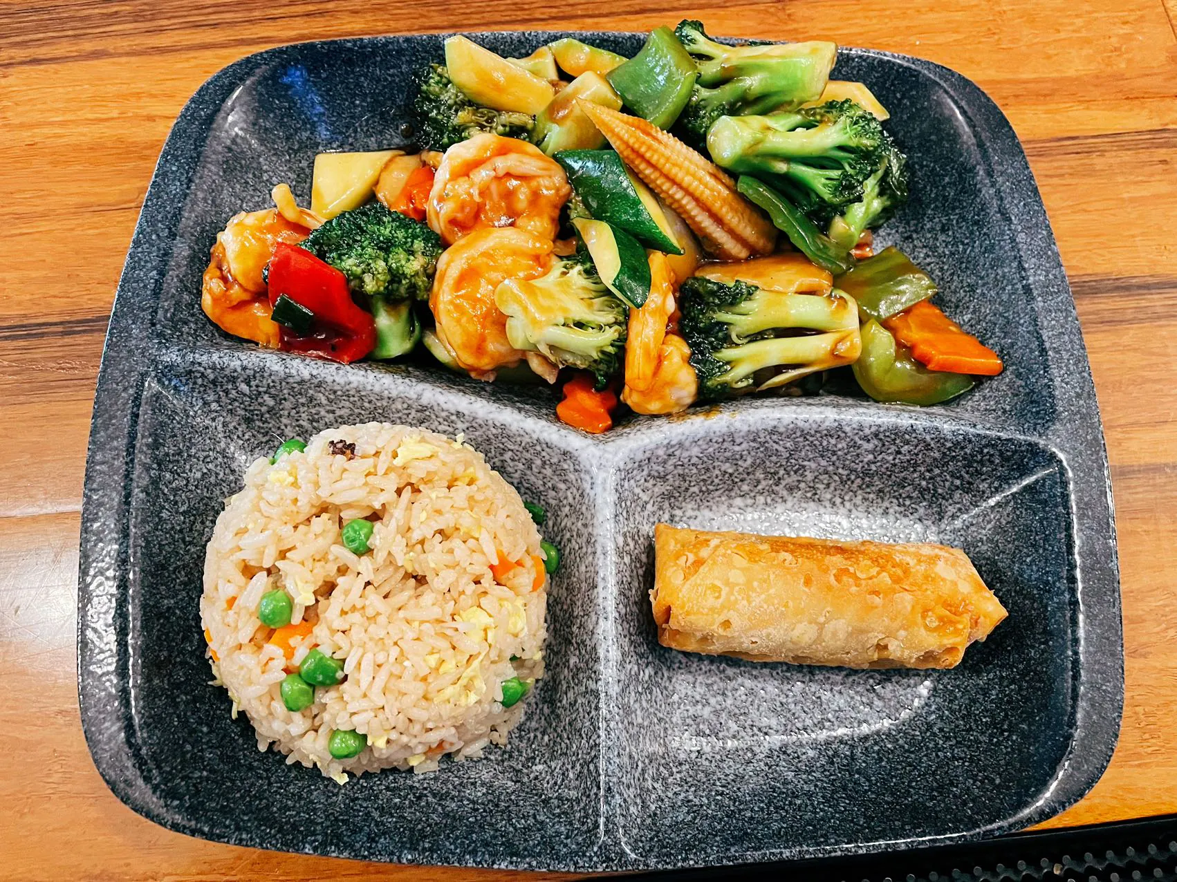 Shrimp with mixed vegetable lunch special with fried rice and egg roll at Wukong Asian Restaurant in Hilldale