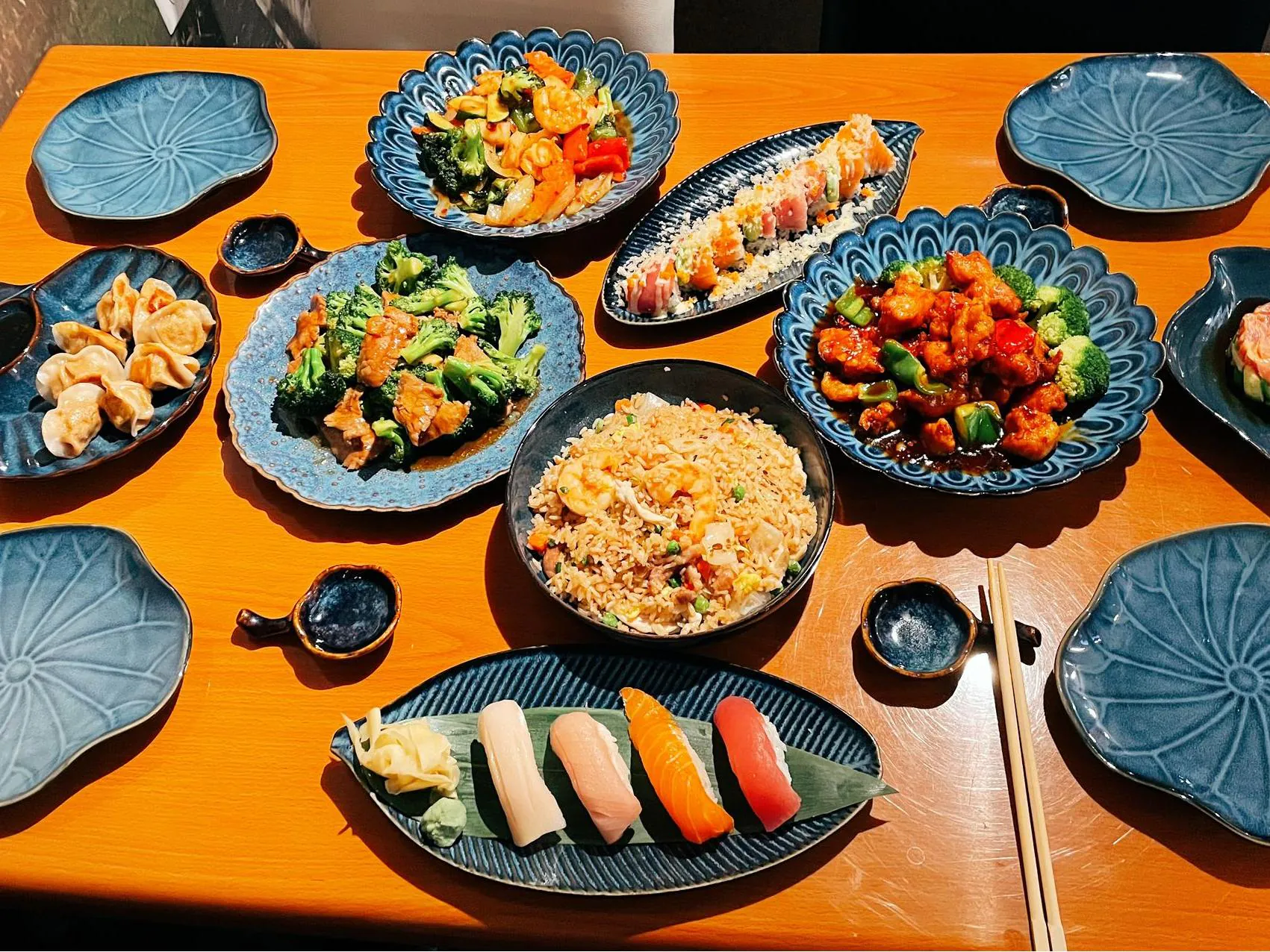 Asian mixed tasting platter with sushi, Chinese dishes and dumplings at Wukong Asian Restaurant in Hilldale